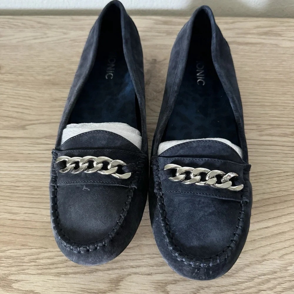 Vionic Mesa Navy Blue Suede Slip On Comfort Loafers‎ Chain Womens Size 9.5 Wide